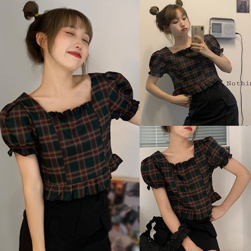 Áo Sơ Mi Croptop Tay Ngắn Cổ Vuông Họa Tiết Sọc Caro Ngọt Ngào