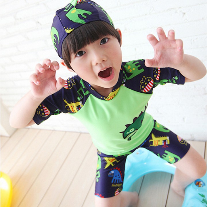 Bộ đồ bơi hoạ tiết khủng long kèm nón bơi - Đồ bơi ngắn tay bé trai BT21