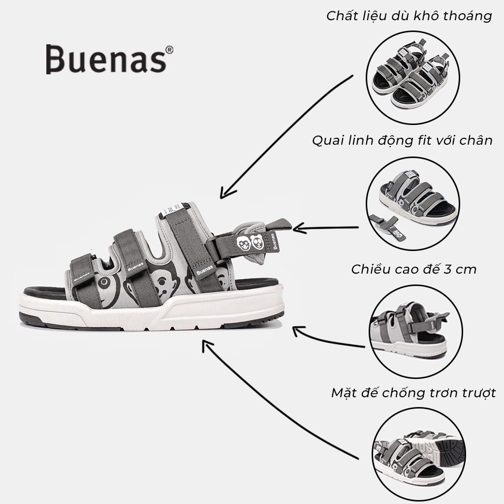 Buenas sandal nữ nam SD-6868 - màu tro ghi in hoạ tiết - giày dép - xăng-đan chính hãng học sinh đế cao 3 phân