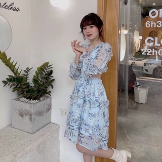 Đầm Hoa Phối Bèo Cut Out Eo Hở Lưng