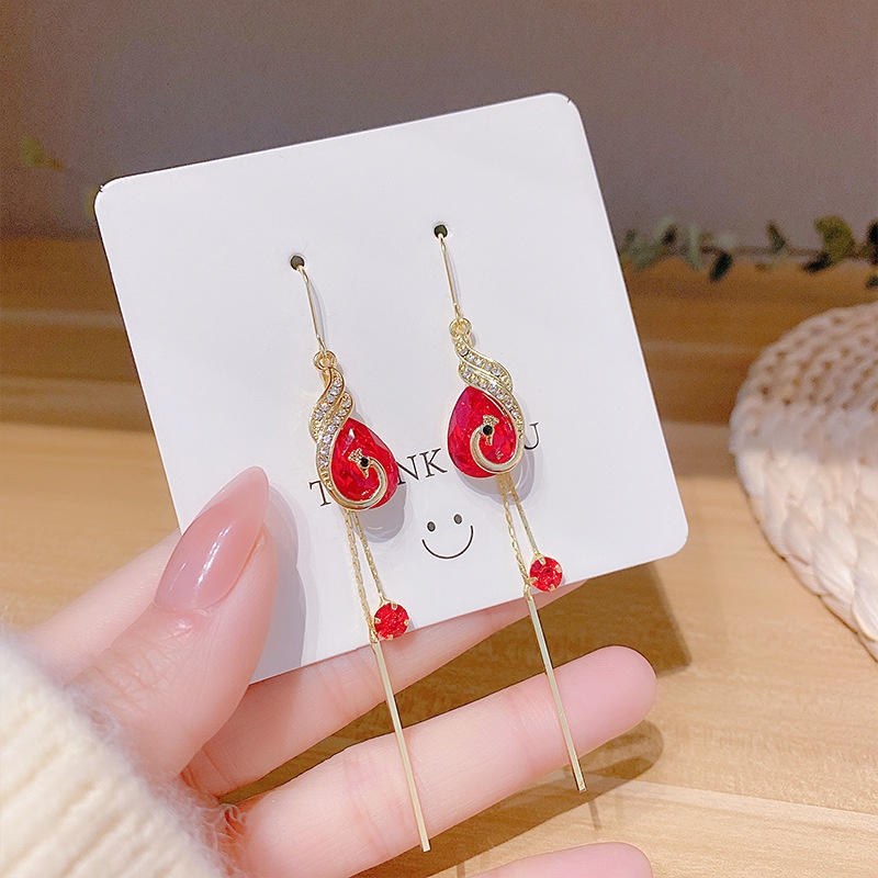 Khuyên Tai Dài Tua Rua Hình Phượng Hoàng Đỏ Đính Đá Pha Lê Cao Cấp Thanh Lịch