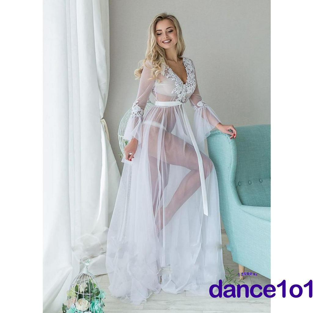 Đầm trắng tay dài cổ chữ v phối ren hoa xuyên thấu thời trang gợi cảm cho nữ