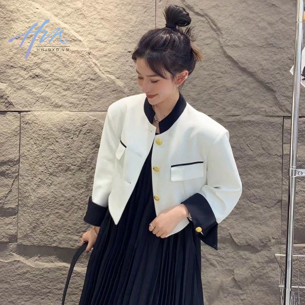 Hàng Mới Về Áo Khoác Cardigan Ngắn Cổ Đứng Cài Một Hàng Khuy Màu Tương Phản Thời Trang Mùa Xuân 2022 Cho Bạn Gái