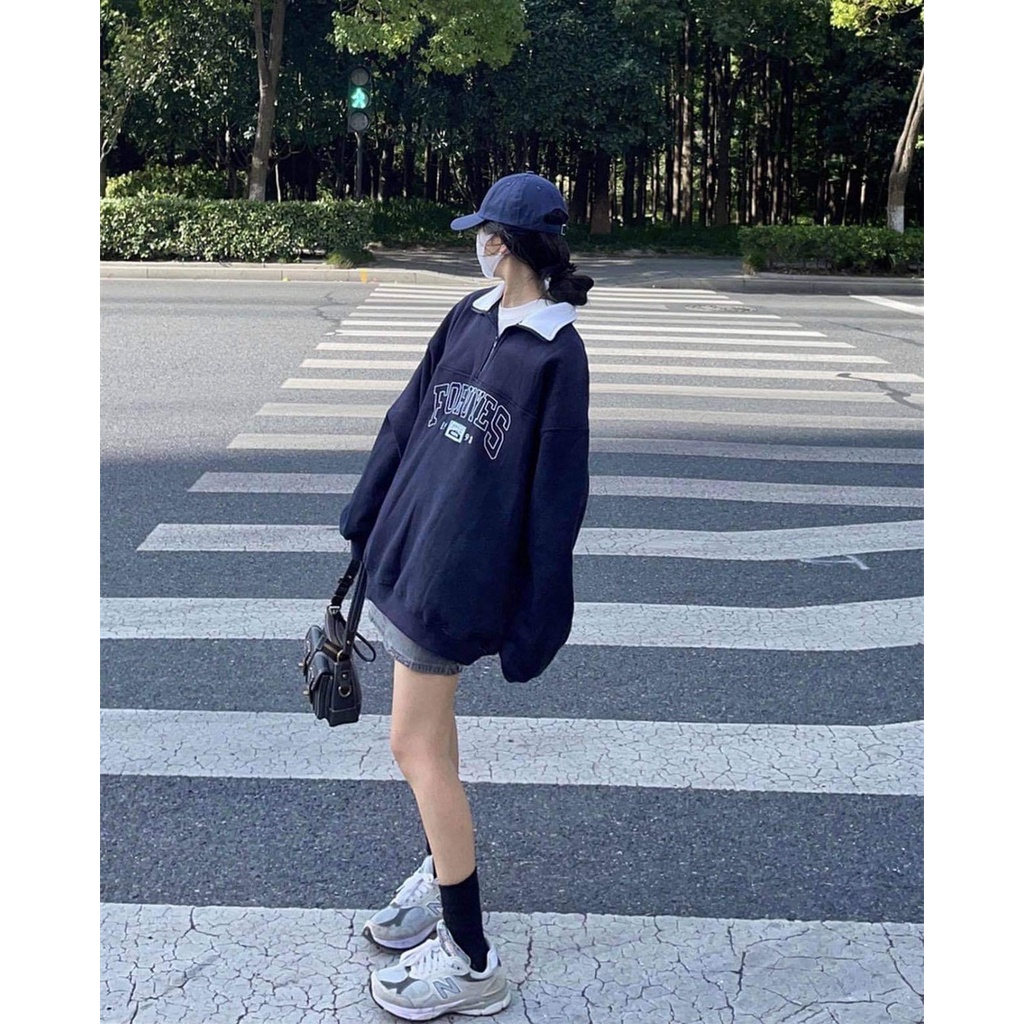 Áo sweater nữ  Áo nỉ nữ tay dài form rộng cổ sơ mi khóa kéo đi học đi chơi HOLA