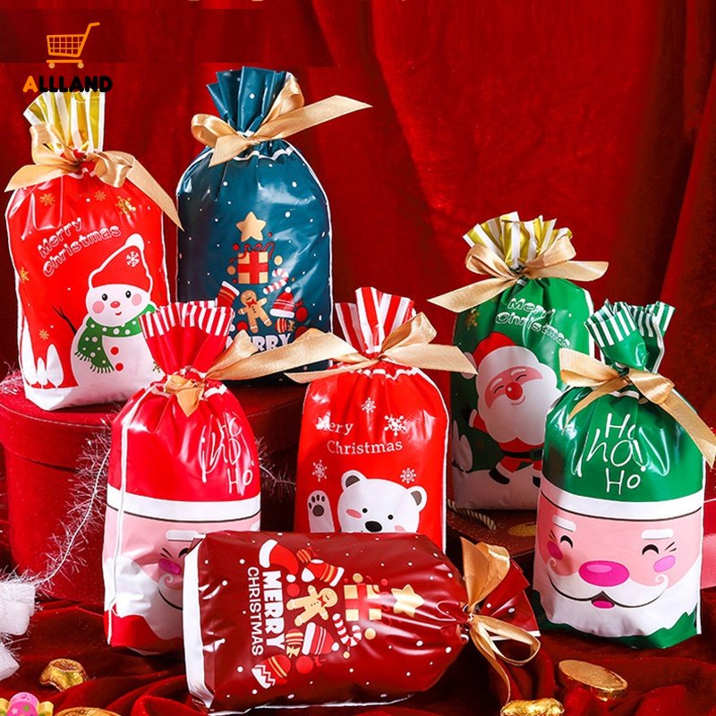 Set 10 Túi Rút Đựng Bánh Kẹo Giáng Sinh Bằng Nhựa In Họa Tiết Ông Già Noel Hoạt Hình