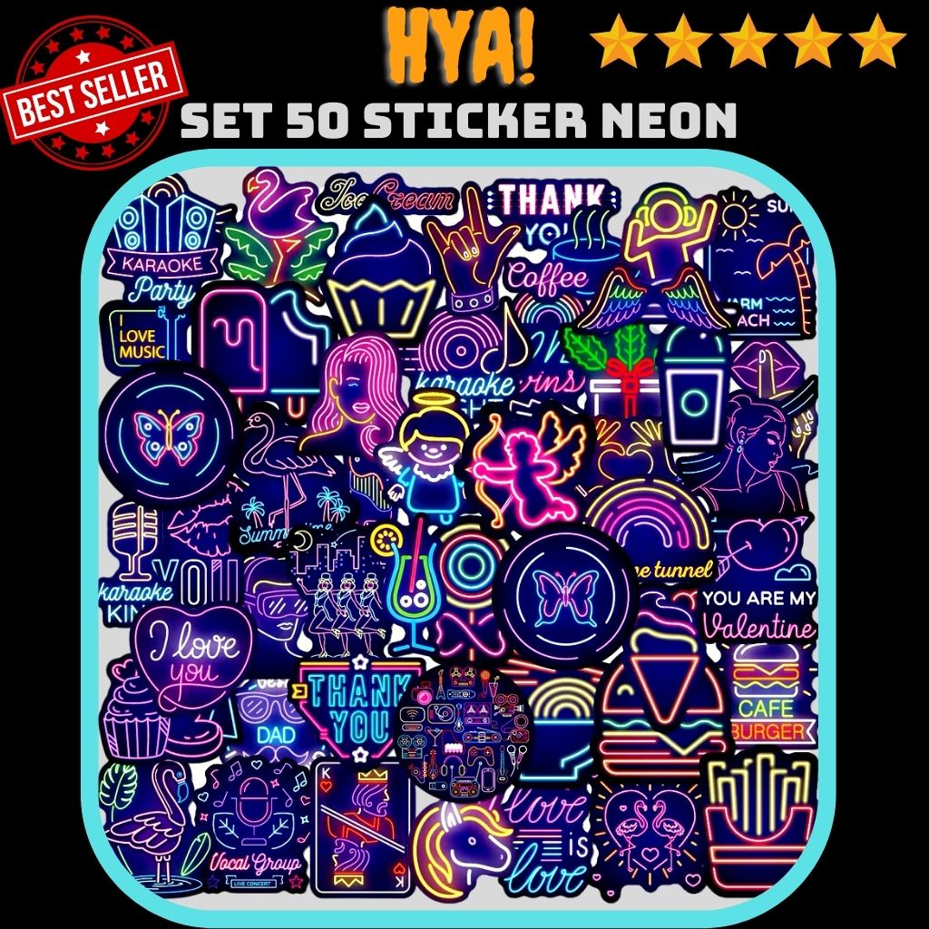 Sticker Neon Set 50 hình dán cute dễ thương trang trí laptop sticker dán mũ bảo hiểm, xe máy chống nước ván trượt guitar