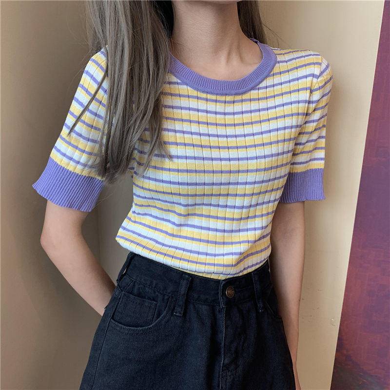 Áo Thun Dệt Kim Tay Ngắn Dáng Ôm Họa Tiết Kẻ Sọc Thời Trang Cho Nữ