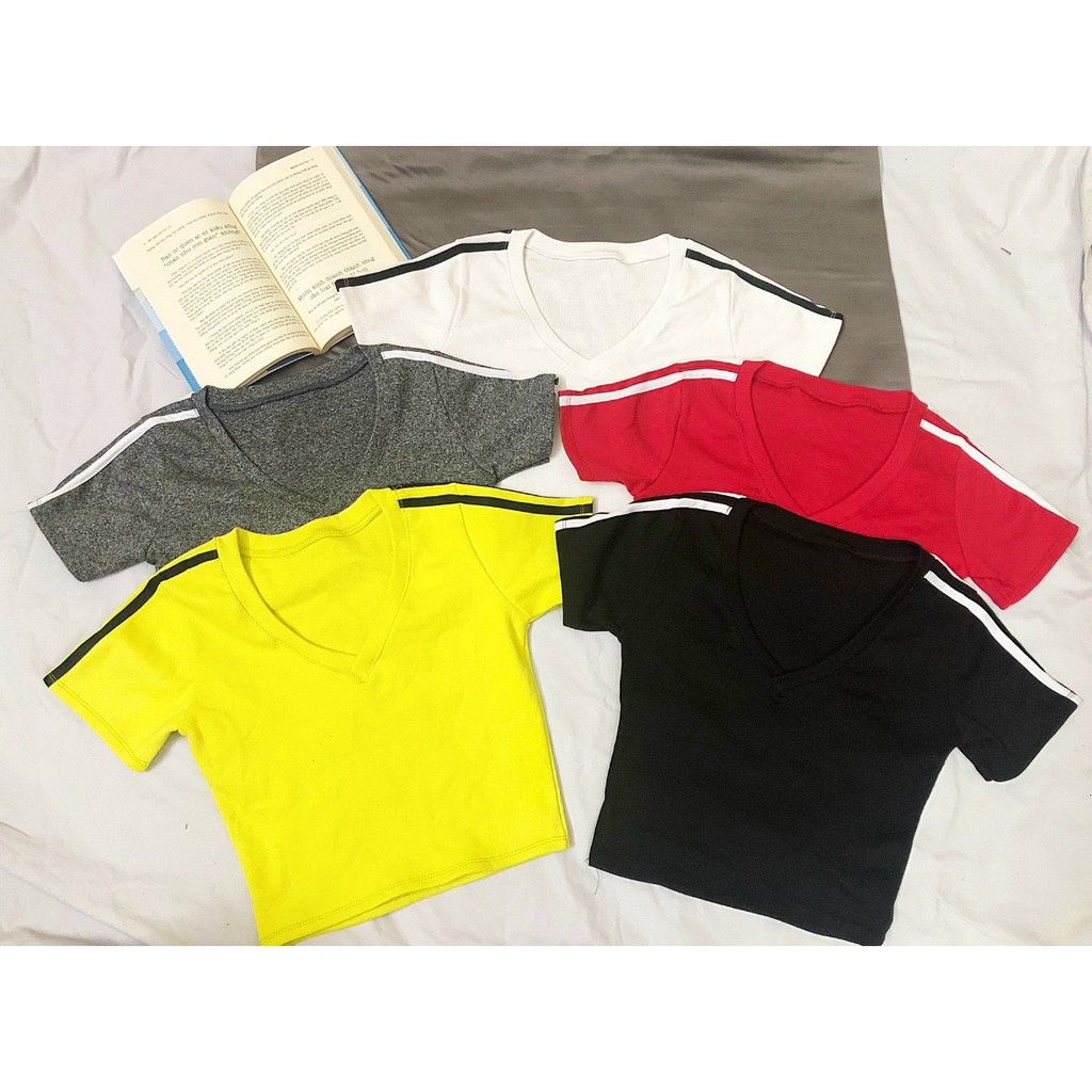 Áo croptop cổ tim viền sọc vai xinh xắn chất thun gân , cá tính, hot hit đủ màu dễ mix đồ