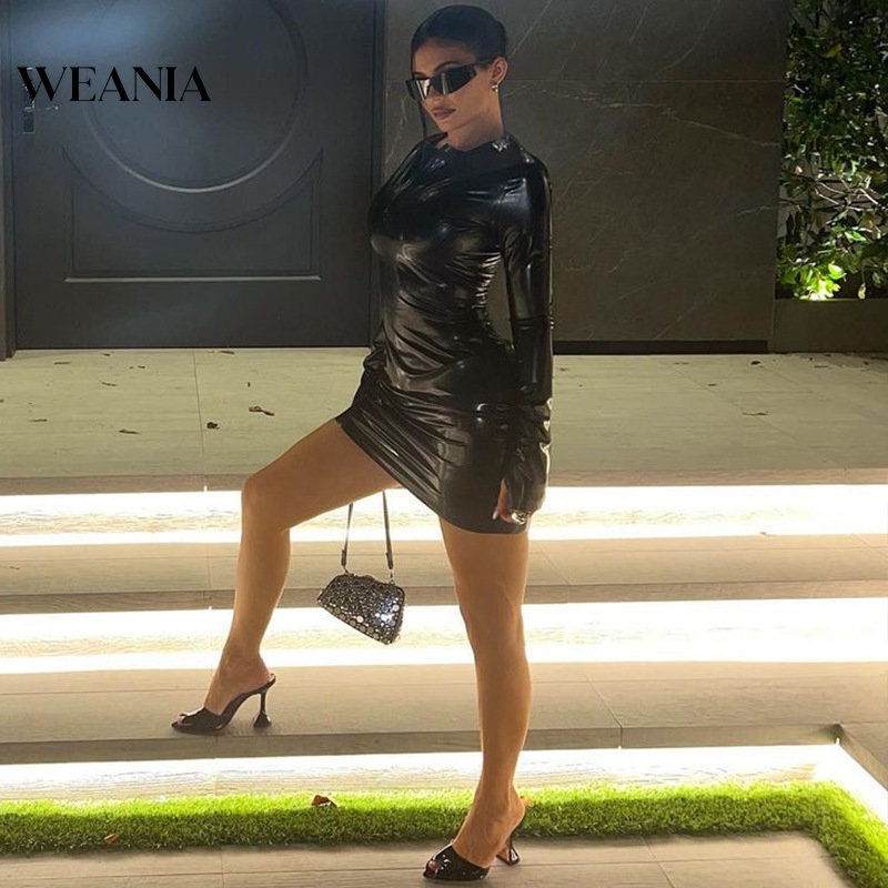 Đầm Da Pu Dài Tay Ôm Dáng Phối Khóa Kéo Quyến Rũ Cho Nữ