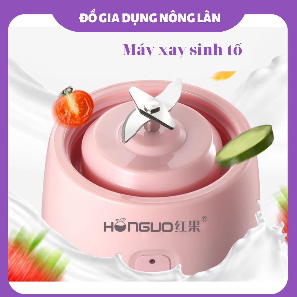 Máy xay sinh tố HONGUO mini cầm tay sử dụng pin sạc USB, máy xay hoa quả 6 lưỡi giao cao cấp chính hãng NONGLAN