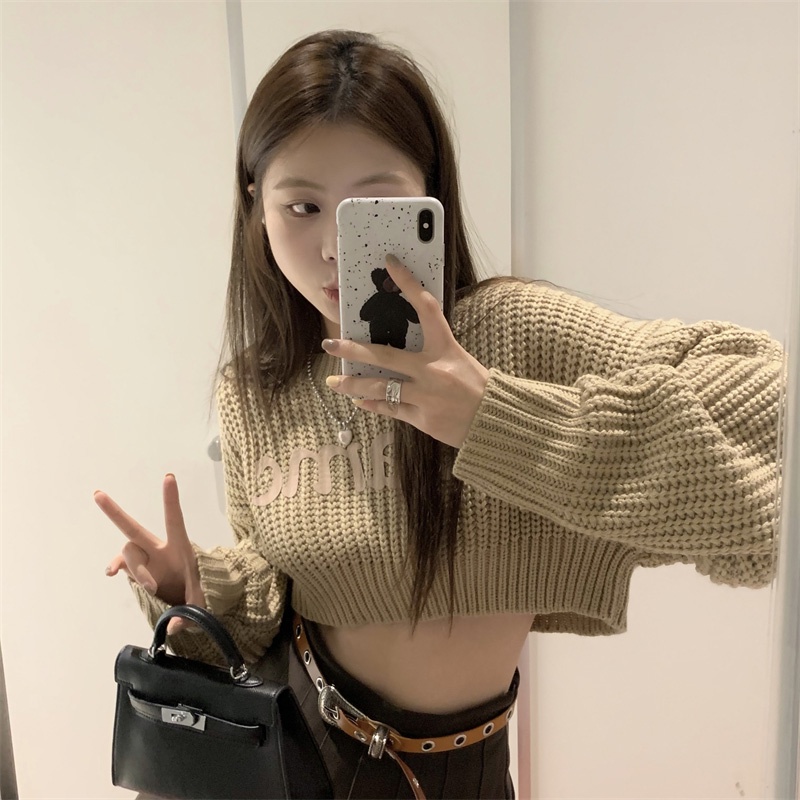 Áo Len Croptop Sweater Dệt Kim Tay Dài Dáng Rộng Thời Trang Mùa Thu Đông