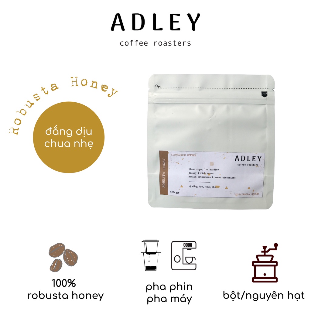 100gr Cà phê Robusta Honey nguyên chất rang mộc thượng hạng đắng dịu chua nhẹ hậu ngọt thơm nồng dùng pha phin pha máy