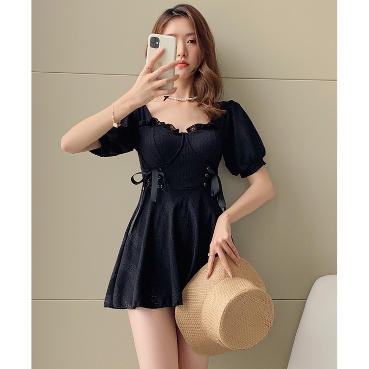 Bộ đồ bơi nữ liền dáng váy chất thun gân phối dây rút siêu xinh 2 màu đen trắng