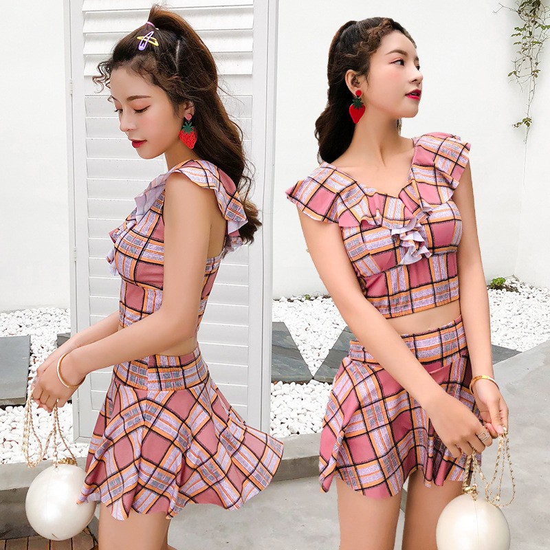 Đồ Bơi Đi Biển Nữ Mùa Hè Hai Mảnh Kẻ Caro Quần Váy Cạp Cao