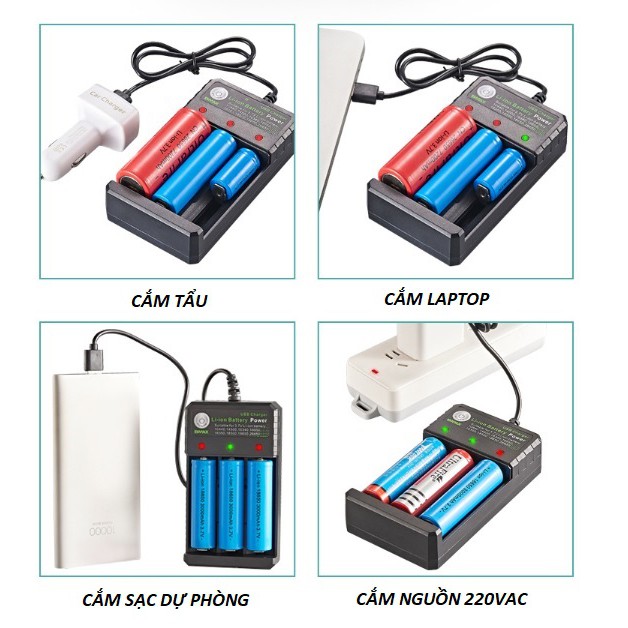 Sạc Pin Đôi 18650 Cao Cấp - Tặng Kèm 2 Pin Sạc UltraFire 18650 3.7V 4200 mAh ( Dùng Cho Đèn Pin, Quạt Mini...)