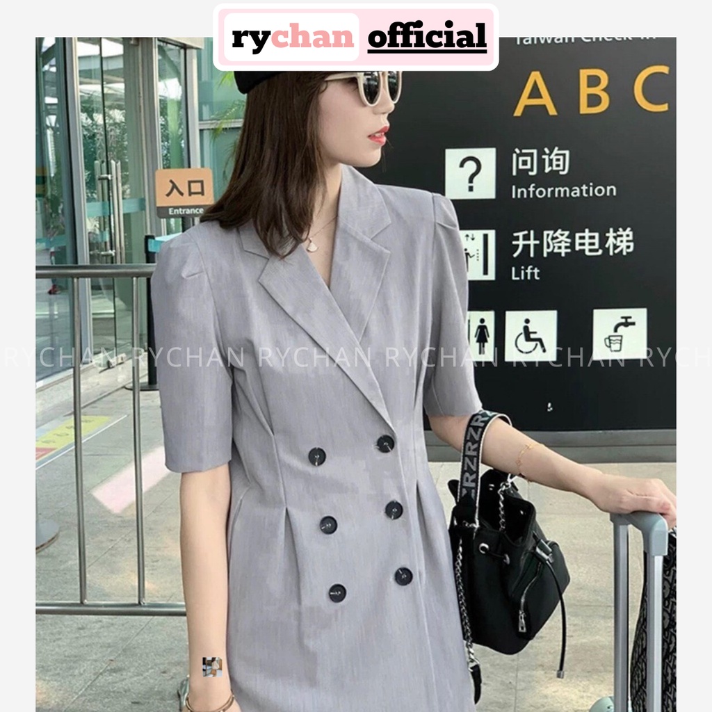 Đầm Xòe Cổ Vest Xám Đính Nút - DX702