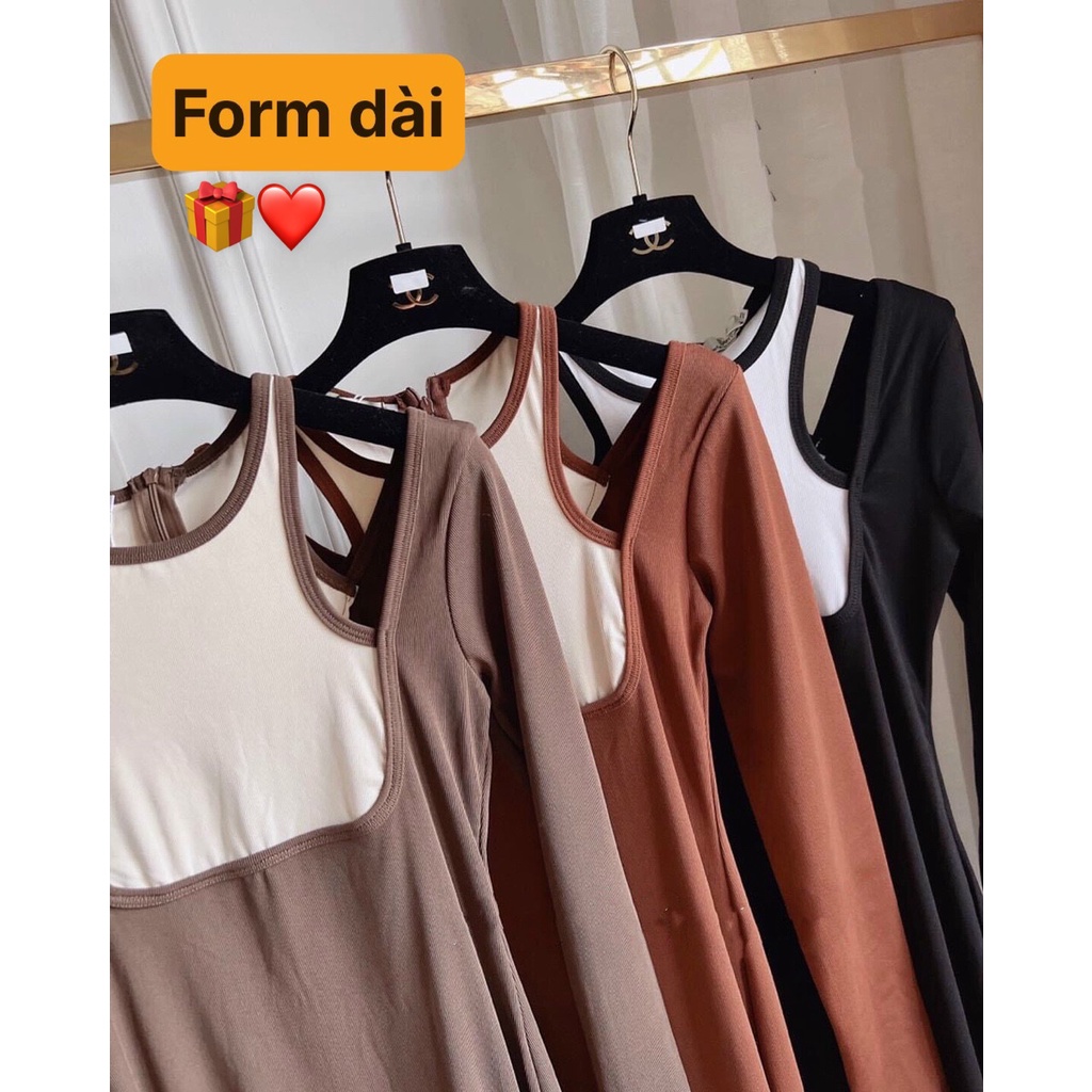 Đầm tay dài yếm bản cổ 2 màu ôm body dáng dài xẻ tà cao cực xinh , chất thun gân mềm mát