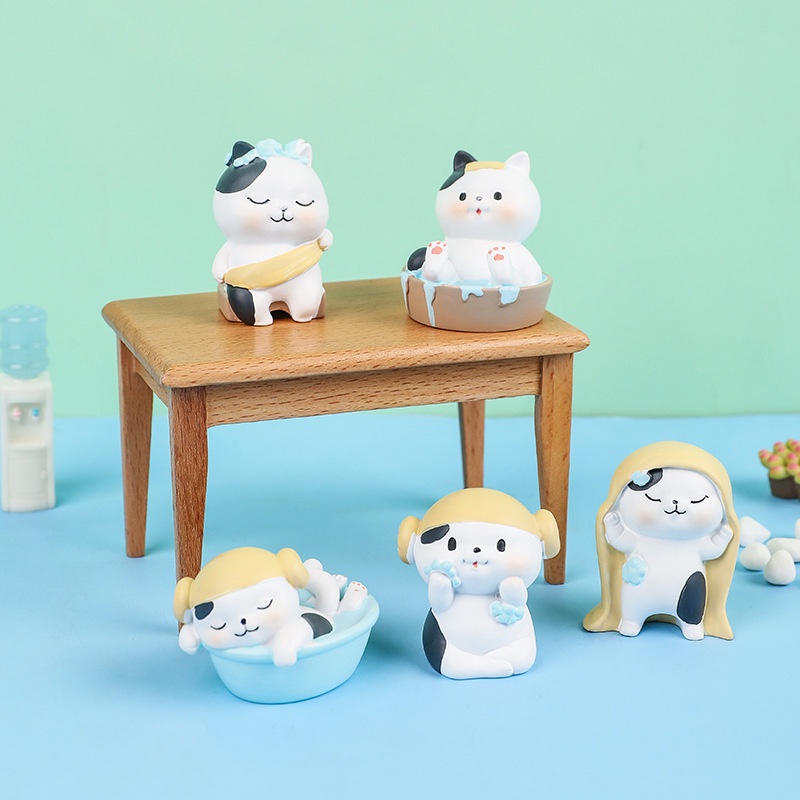 Set 6 mô hình mèo tắm rửa, mèo nhà tắm hơi nhiều biểu cảm đáng yêu đặt bàn làm việc, bàn học, quà tặng bạn bè người thân