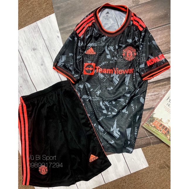 Set Bộ quần áo thể thao bóng đá vải gai thái logo thêu đầy đủ clb mu manchester united áo xám 3d quần đen 2022