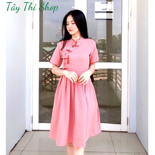Đầm tết 💕áo cổ tàu ✨đầm đỏ/hồng phối viền trẻ trung