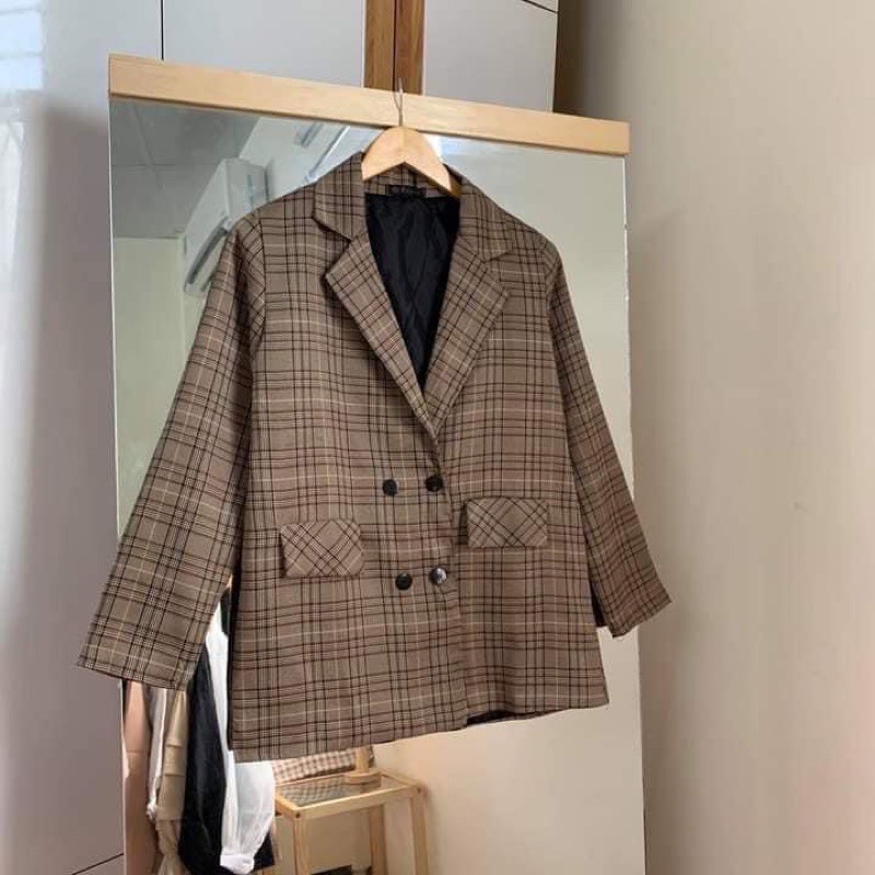 ÁO BLAZER 2 LỚP KẺ NÂU (hình thật/sẵn)