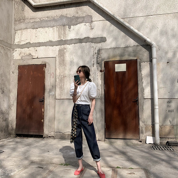 Áo thun cotton tay ngắn phồng cổ tròn màu trắng thời trang dành cho nữ