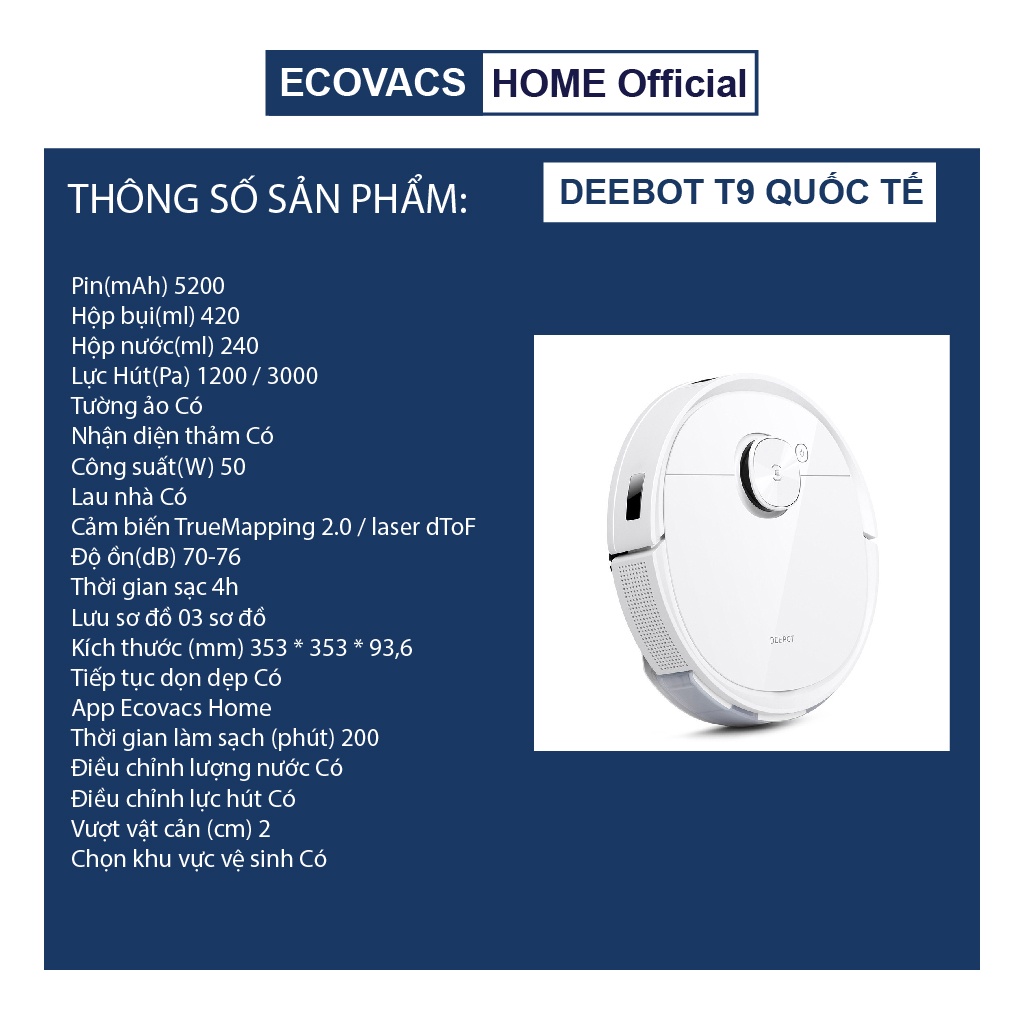 Robot hút bụi lau nhà Ecovacs Deebot T9 quốc tế chính hãng