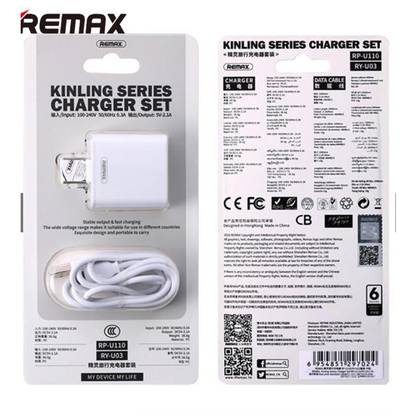 Củ Sạc 2.1A Cáp Sạc 1m Remax RPU110Hàng Chính Hãng