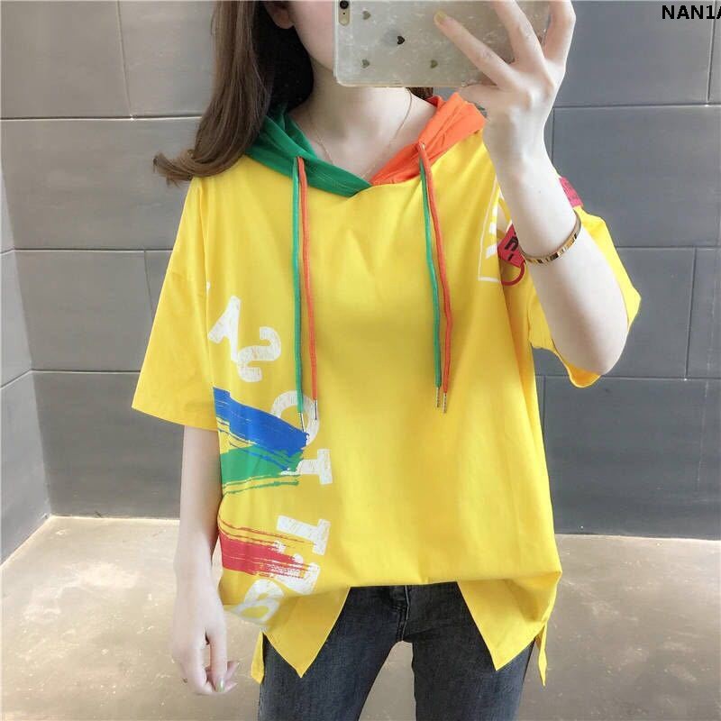 Áo hoodie ngắn tay dáng rộng in hình Graffiti thời trang mùa hè