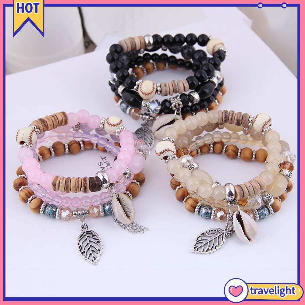 Set 4 Vòng Tay Co Giãn Xâu Hạt Vỏ Sò Phong Cách Bohemian Thời Trang Cho Nữ