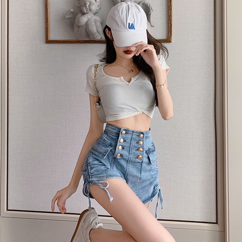 Quần short JSC denim dây rút eo cao co giãn tốt phối hai hàng nút thời trang cho nữ