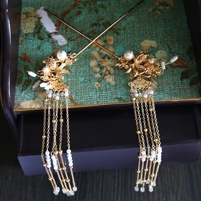 Bộ cài tóc cô dâu xi mạ mẫu vàng đồng 8 món 2586