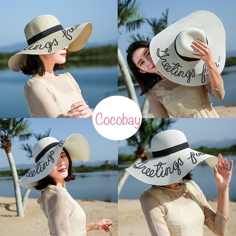 Mũ cói vành tròn thêu chữ dành cho bạn gái đi biển mùa hè mã 02