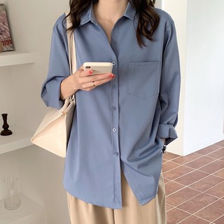 Áo Sơ Mi Nữ form rộng màu xanh trắng đẹp dài tay phong cách ulzzang vintage hàn quốc cao cấp trơn