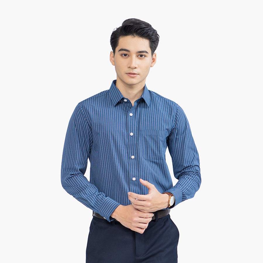 Áo sơ mi dài tay nam Aristino vải modal sợi sồi thiên nhiên, họa tiết kẻ trắng xanh lịch lãm, thời thượng - ALS41302