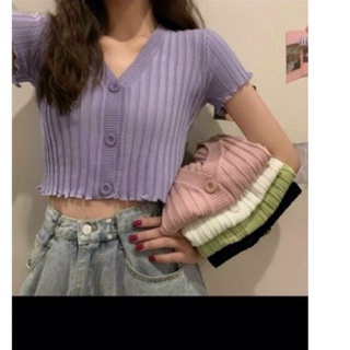 Áo thun gân len gài nút cổ V, form siêu cưng ạ 💜💜💜💜c