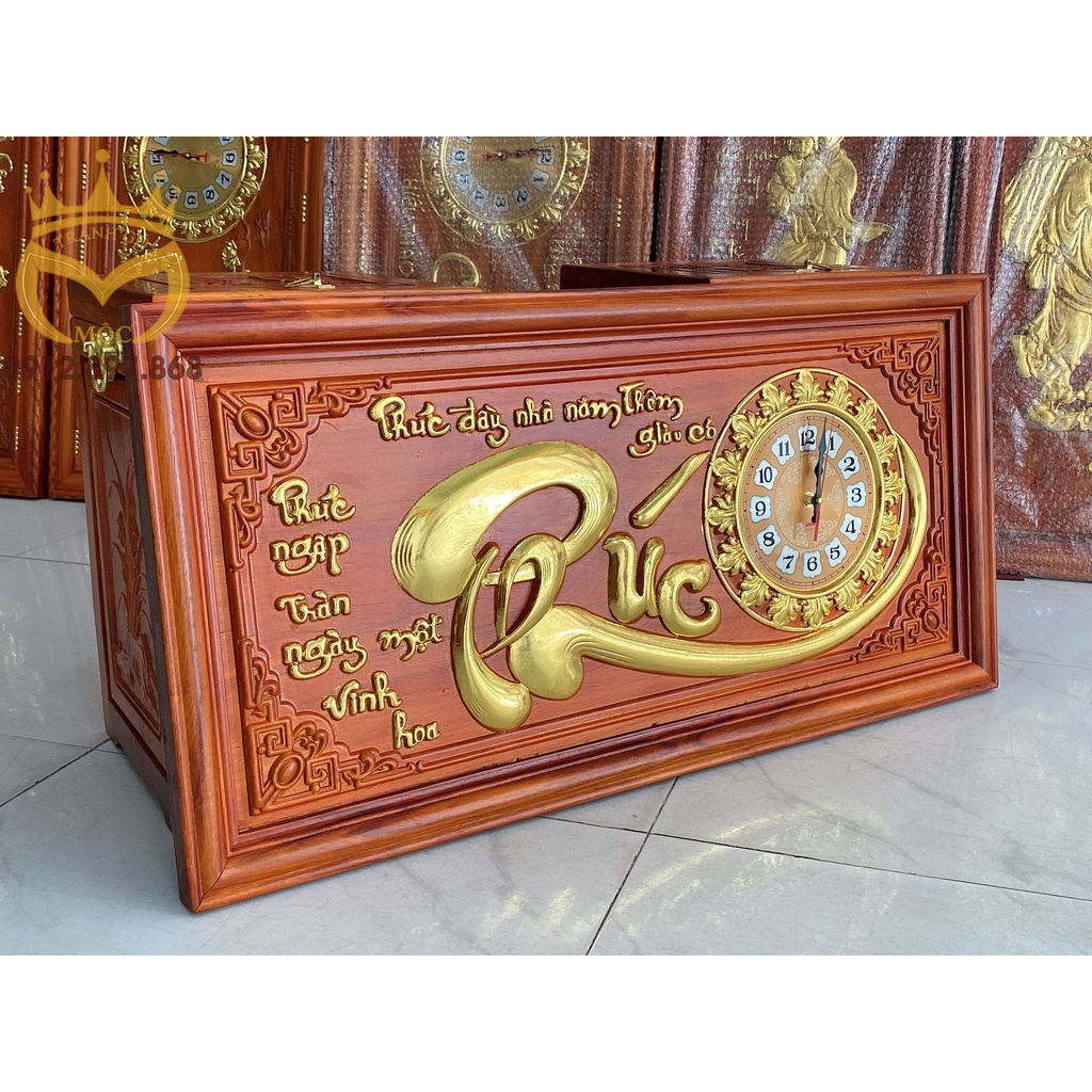 Tranh đồng hồ gỗ hương chữ Phúc 81cmx41cm