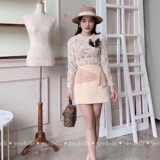 SET ÁO REN ĐÍNH NƠ KÈM CHÂN VÁY DẠ XỐP