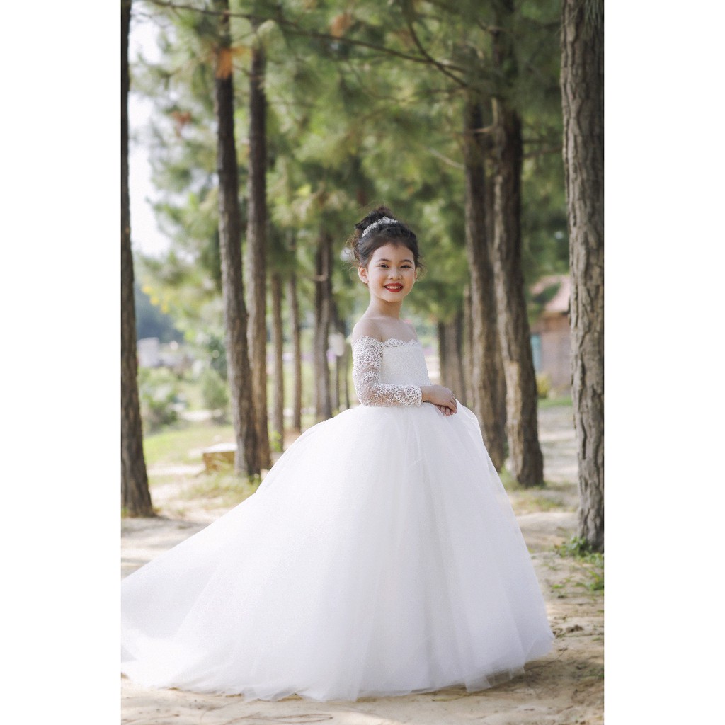 Váy phù dâu nhí bé gái, váy flower girl cho bé, đầm trắng cho bé Váy sinh nhật