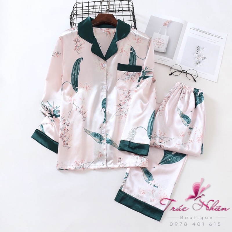 Pizama lụa họa tiết hoa lá, hoạt hình tay dài xinh - S02