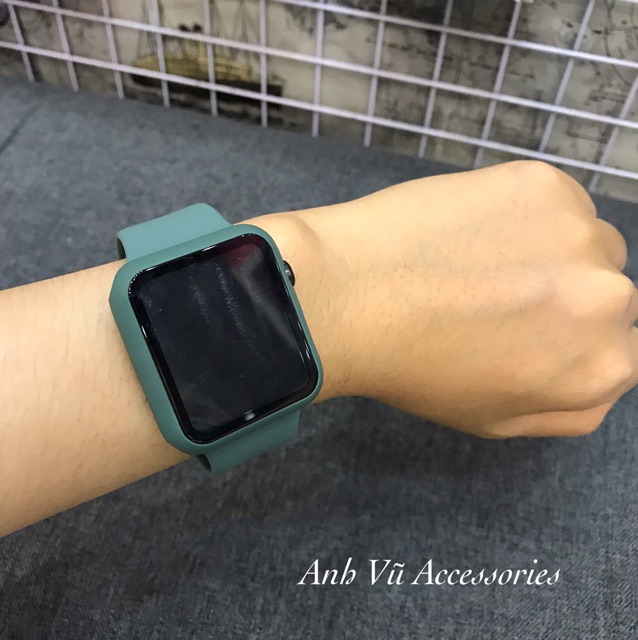 Combo dây cao su và ốp xanh rêu cho đồng hồ Apple Watch cực sang