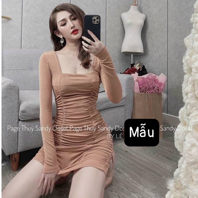 ĐẦM BODY THUN GÂN TAY DÀI CỔ VUÔNG NHÚN 2 BÊN SƯỜN FORM SIÊU TÔN DÁNG