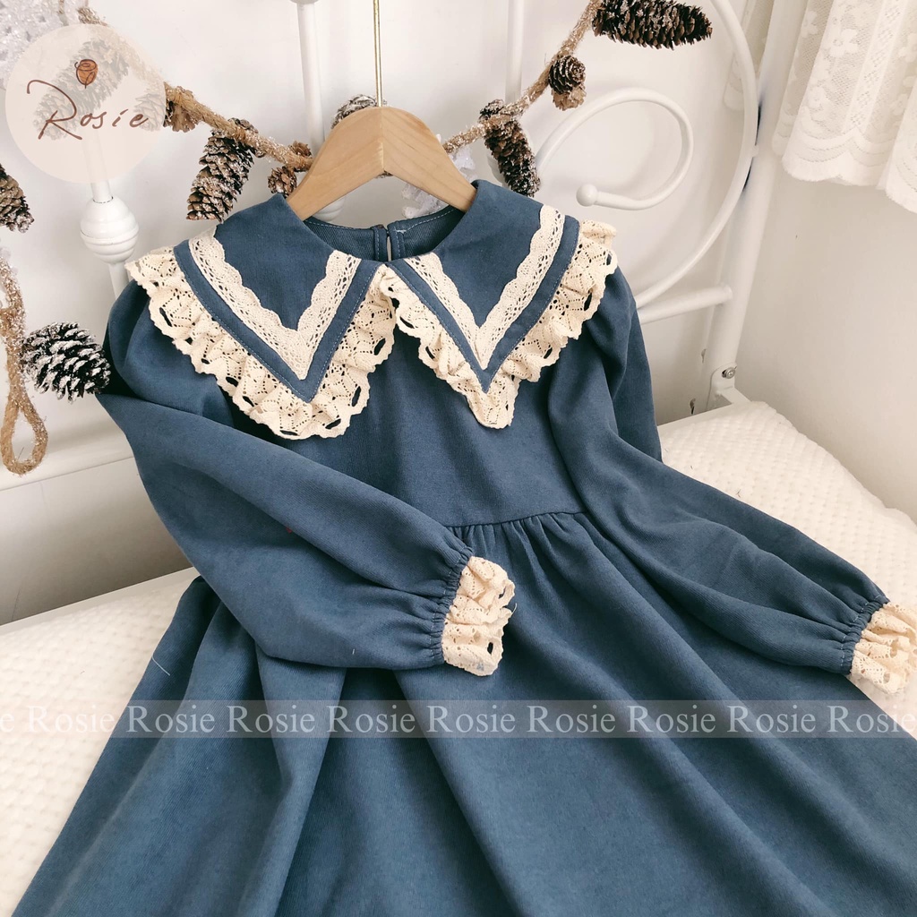 Váy nhung xanh Navy cổ ren ROSIE V86 chất nhung cổ ren điệu và sang chảnh cho bé gái từ 9-43kg
