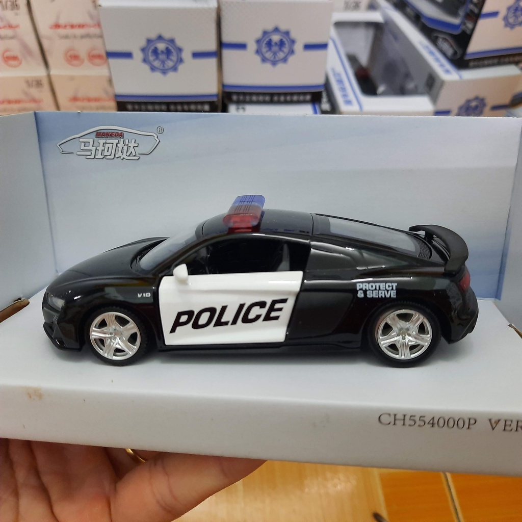 Mô hình xe ô tô cảnh sát Audi R8 coupe 1:36 xe đồ chơi trẻ em bằng kim loại mở được cửa