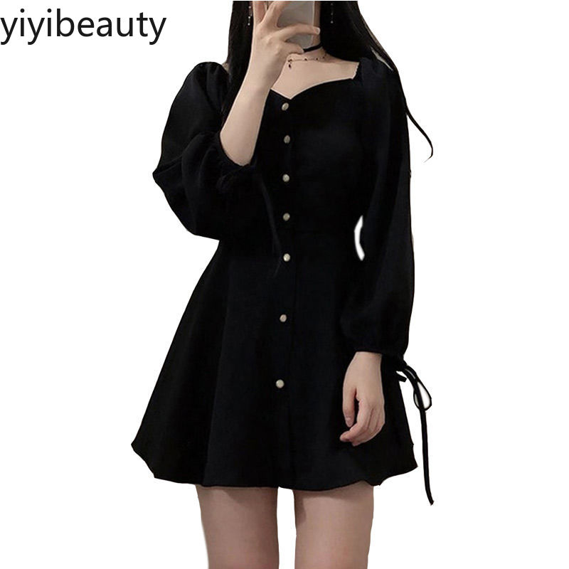 Đầm ngắn tay phồng eo cao dáng ôm phối một hàng nút phong cách mùa thu Hàn Quốc cho nữ | BigBuy360 - bigbuy360.vn