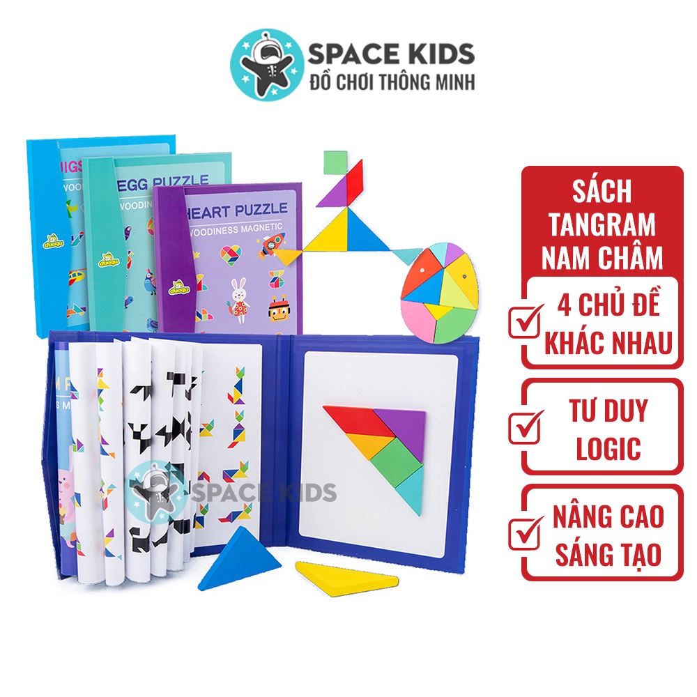 Đồ chơi trí tuệ cho bé Xếp hình gỗ Tangram nam châm có kèm sách, đồ chơi gỗ thông minh montessori