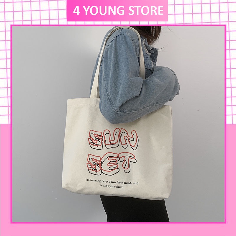 Túi tote vải canvas đeo vai thời trang phong cách Hàn Quốc giá rẻ đi học đi chơi đẹp in chữ SUNSET T1001