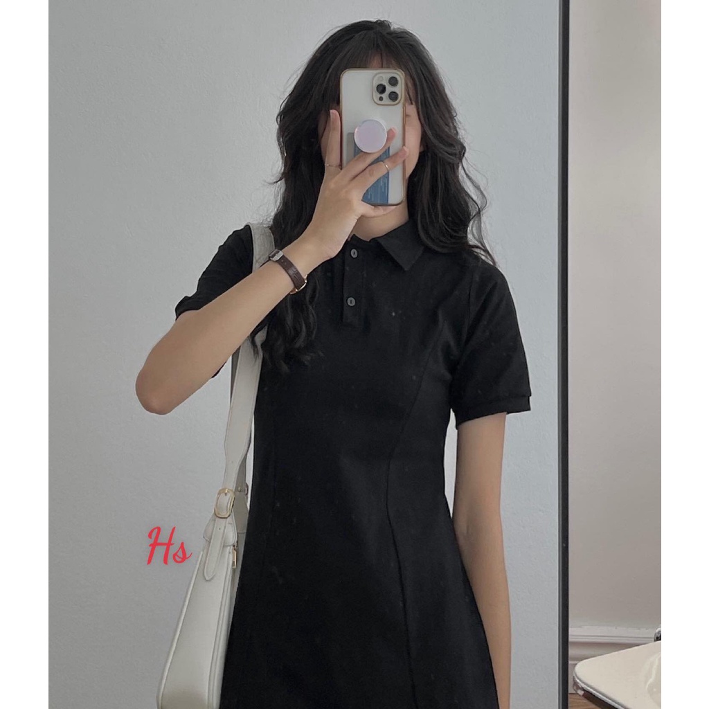 Đầm Polo Nữ Dáng Dài Cổ Bẻ Cúc Cài Váy Cộc Tay Nữ Trơn 2 Màu