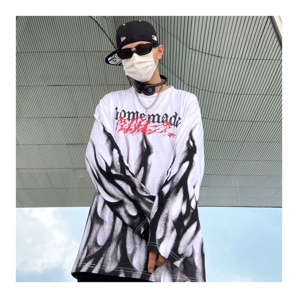 Áo thun tay dài in hình ngọn lửa phong cách đường phố Âu Mỹ cá tính cho nam và nữ