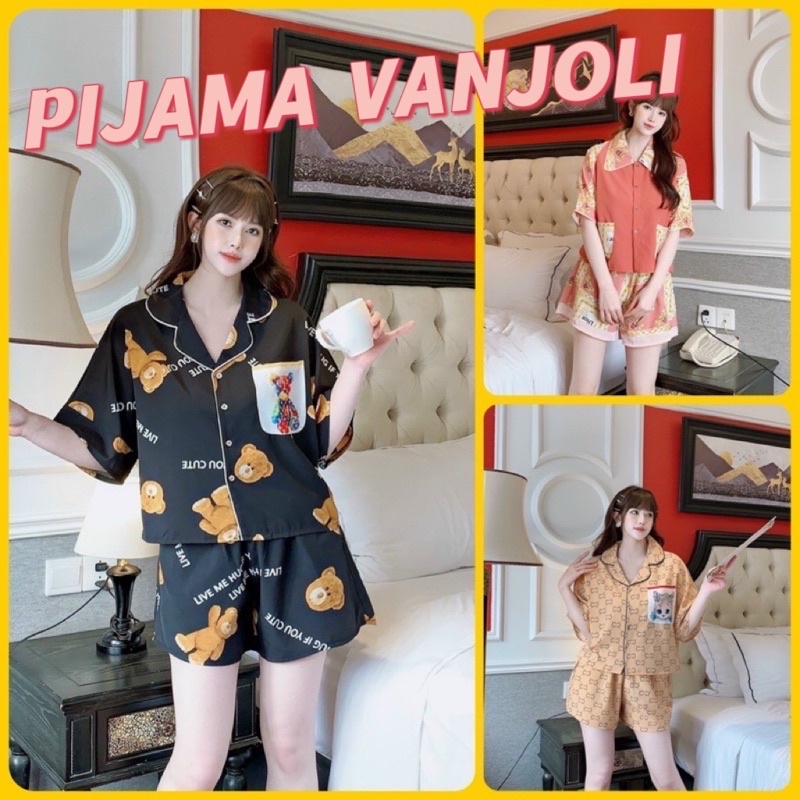 Set Bộ Pijama VANJOLI - Đồ Bộ Nữ Mặc Nhà Hoạ Tiết Sang Trọng Áo Cổ Sơ Mi Quần Cộc Freesize